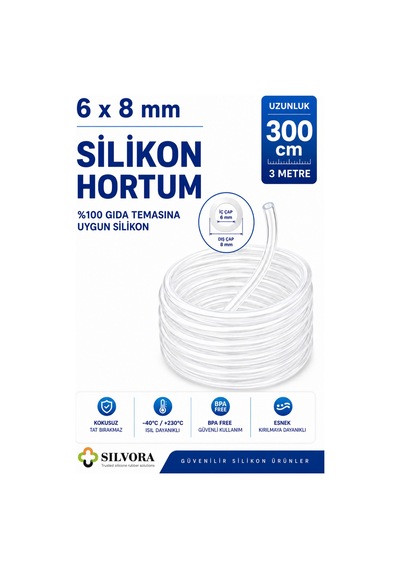 %100 Silikon Hortum 6x8 Mm-iç Çap 6 Mm-dış Çap 8 Mm-3 Metre-gıda Temasına Uygun, Şeffaf, Esnek - 908182855