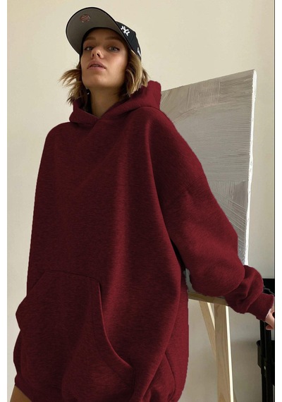 Madmext Bordo Kapüşonlu Şardonlu Oversize Sweatshirt Mg1566 Bordo