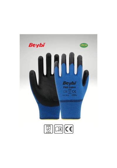 Beybi Pn3 Zebra Polyester Örme Nitril Eldiven Mavi 10 Numara Xl Iş Eldiveni 5 Adet Mavi