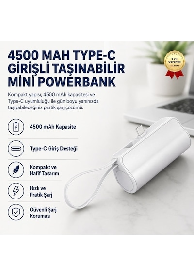 4500 Mah Mini Powerbank Type-c Girişli Taşınabilir Hızlı Şarj Taşınabilir Şarj Cihazı-1561 Siyah