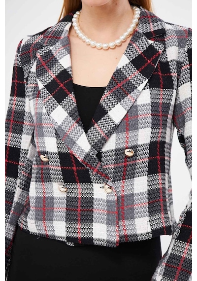 Armonika Kadın Kırmızı-siyah Kruvaze Yaka Tüvit Crop Ceket Arm-24k001014