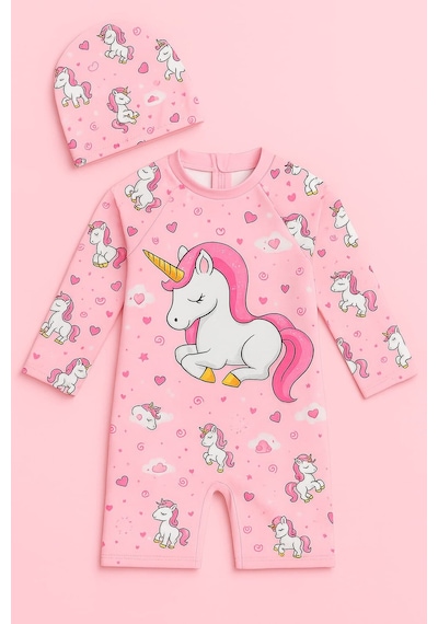 My Kids Wear Kız Cocuk Uzun Kollu Ve Fermuarlı Mayo Takımı 3 -10 Yas 11905 Pembe