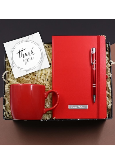 Kişiye Özel Kırmızı Defter & Kalem & Kırmızı Kupa Ofis Hediye Seti