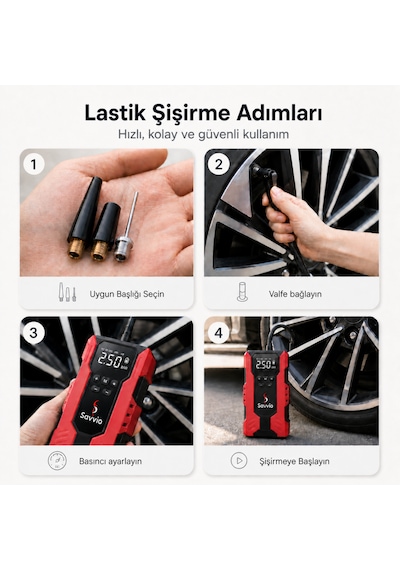 Solvis 4'ü 1 Arada 12v Akıllı Akü Takviye Cihazı, Lastik Şişirme Pompası, Powerbank Ve Led Aydınlatma Çanta Hediyeli