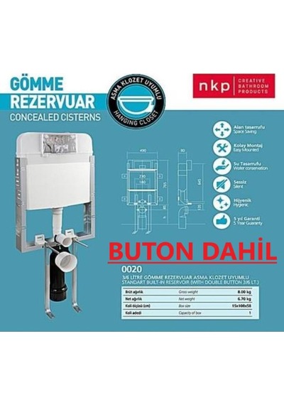 Nkp Gömme Rezervuar Asma Klozet Uyumlu Buton Dahil Beyaz