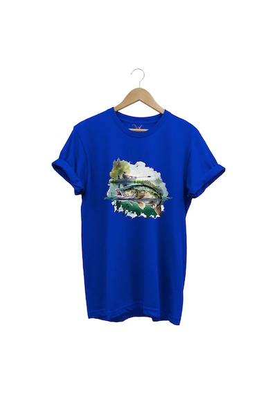 Balıkçılık Levrek Balığı Ve Teknede Olta Ile Balık Tutmak %100 Pamuk Regular Fit Mavi T-shirt Mavi