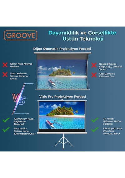 Groove Vizio Pro 100 Inch 220x125cm Blackout Işık Geçirmez Tripod Ayaklı Projeksiyon Perdesi