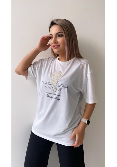 Inci Işlemeli Adven Ture Tişört /ekru Beyaz
