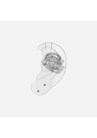 Earcuff Sıkıştırmalı Pirinç Kıkırdak Küpe Tek Sıra İncili Zirkon Taşlı Gümüş Renk Çelik