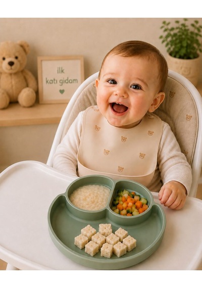 %100 Silikon 3 Bölmeli Mama Tabağı Bpa Free Vanilyalı Yeşil