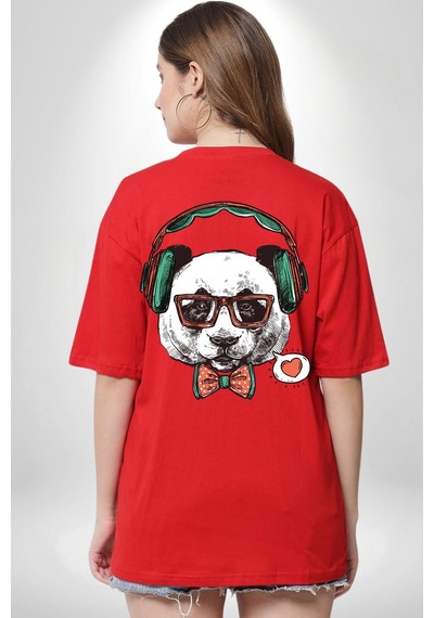 Kulaklıklı Hipster Portre Panda Kırmızı Oversize Unisex Ön Ve Sırt Baskılı Tişört Kırmızı