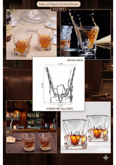 2 Adet Premium Kristal Kesim Viski Bardağı - 300 Ml El Yapımı Bourbon Ve Kokteyl Kadehi Şeffaf