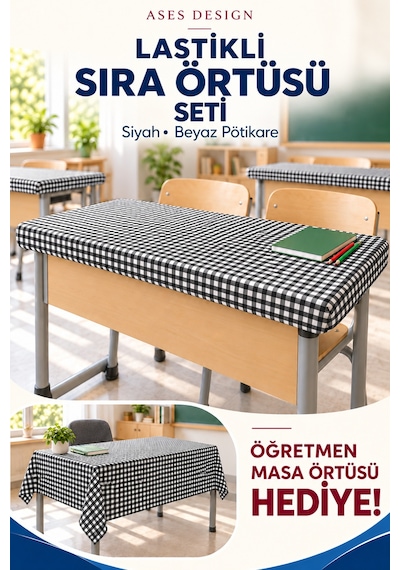 Siyah Beyaz 15'li Lastikli Sıra Örtüsü, 100x140 Cm Öğretmen Masa Örtüsü Hediye