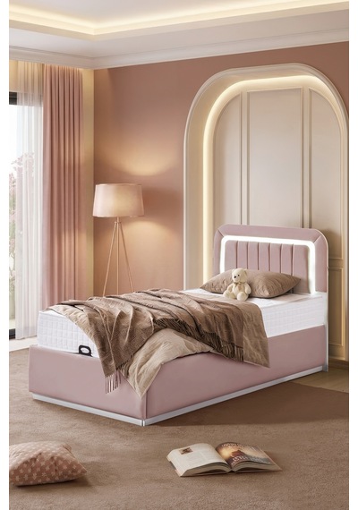 Demonte Baza Seti, Valens Ledli Tek Kişilik Baza Başlık Maxi Yatak Seti, Pembe - 100x200 Cm 100 x 200