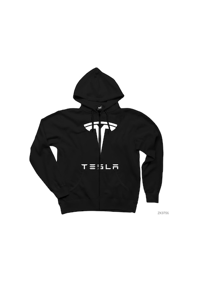 Tesla Logo Siyah Fermuarlı Kapşonlu Sweatshirt Siyah