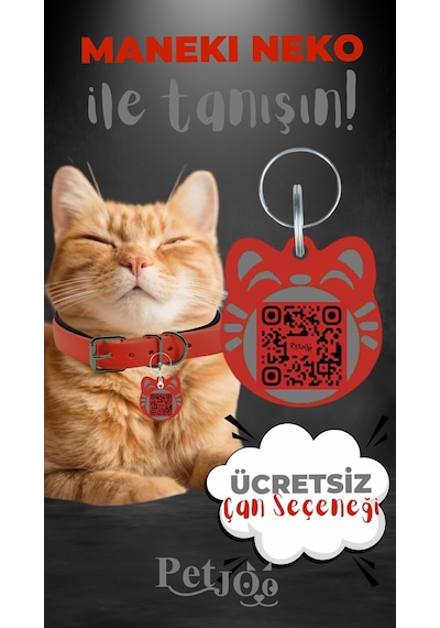 Petjoo 4.Maneki Neko Gri-Kırmızı Qr'lı Kedi Künyesi