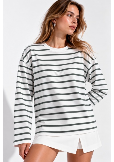 Wild Bee Kadın Mint Beyaz Çizgili Pamuklu Bisiklet Yaka Oversize Bluz Mint Yeşili