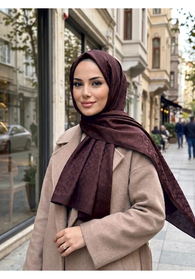 Nukra Pamuk Jakarlı Şal Halka Desen Kadın Tesettür Başörtüsü 70x190 Cm MÜRDÜM
