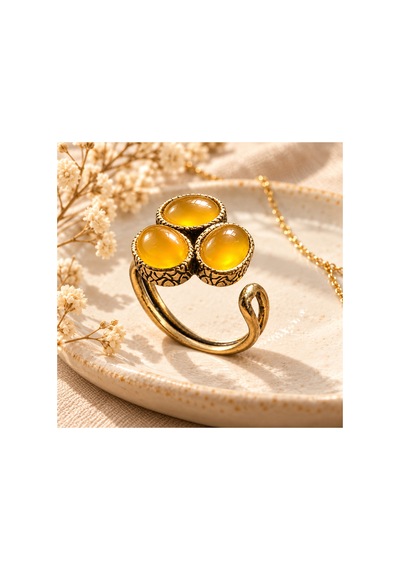 Esoo Jewelry Doğal Taş Detaylı 3 Taşlı Vintage Gold Ayarlanabilir Kadın Yüzük - Bal Sarısı Koyu Sarı