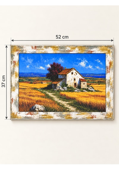 Ahşap Eskitme Çerçeve Görünümlü Köy Evi Ve Buğday Tarlası Manzaralı Dekoratif Ahşap Tablo 52x37 Cm