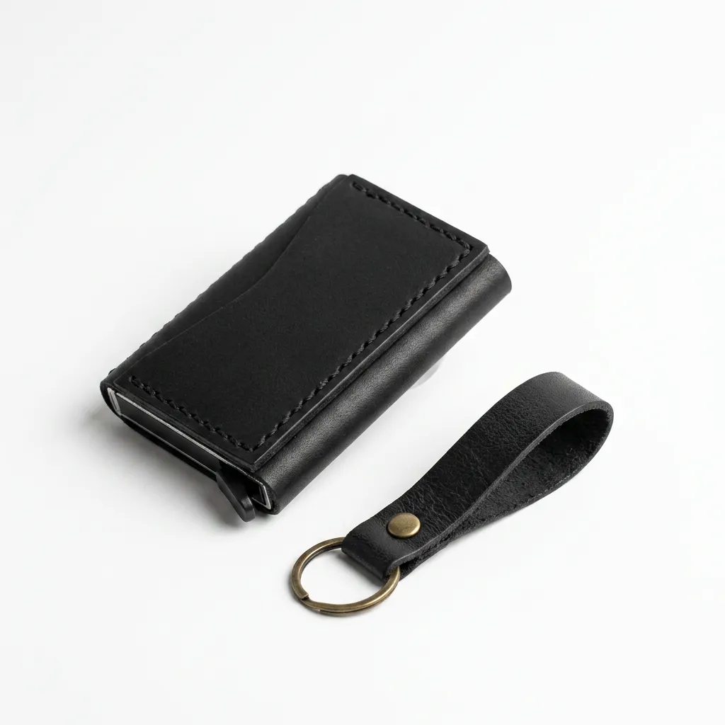 Natderi Hakiki Deri Mekanizmalı Cüzdan Anahtarlık Hediyelik Set El Dikişi Unisex Siyah 7x10 Cm