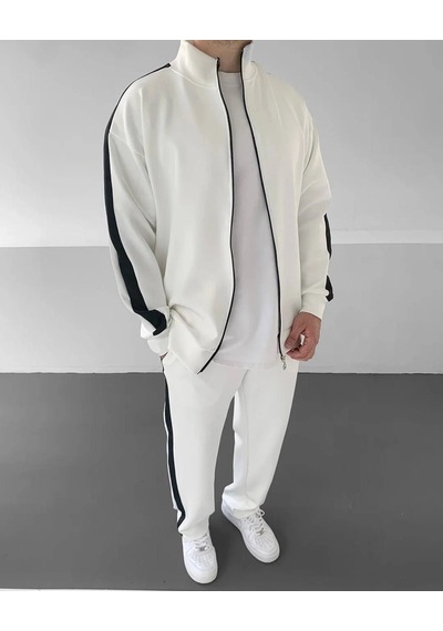 Moda Erkek Scuba Kumaş Oversize Şerit Detaylı Fermuarlı Alt Üst Eşofman Takımı - Beyaz Çok Renkli