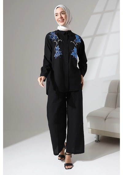 Mihran Butik 100% Pamuk Keten Günlük Ve Rahat Çiçek Desen Nakışlı Pullu Gömlek Pantolon Yazlık Alt Üst Takım Siyah Mihran Butik 100% Pamuk Keten Günlük Ve Rahat Çiçek Desen Nakışlı Pullu Gömlek Pantolon Yazlık Alt Üst Takım Siyah