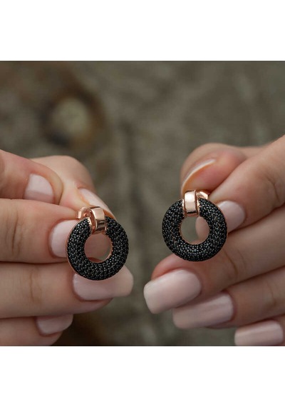 Gümüş Siyah Çok Taşlı Daire Küpe 14 MM Gümüş