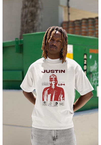 Tasarım Şarkıcı Justin Bieber Baskılı Unisex Oversize Tişört Beyaz