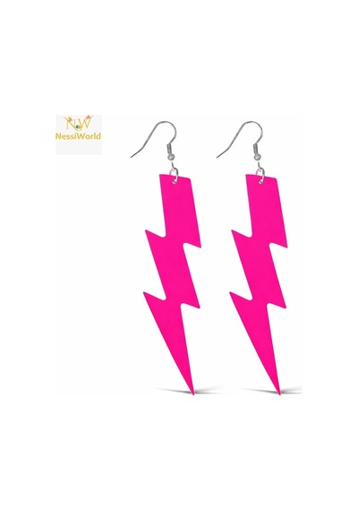 80 Ler 90&amp 39 Lar Retro Neon Pembe Şimşek Küpe 10 Cm
