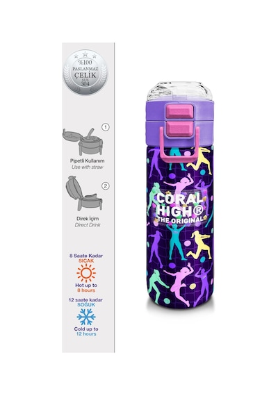 Coral High Kids Mor Voleybol Desenli Pipetli Ve Direkt İçim Çelik Termos 500 Ml 31849 Mor