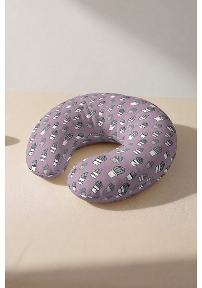 Kaktüs Desenli Ergonomik Boyun Yastığı - Modern Pastel Lila Yeşil Seyahat Yastığı Açık Ayışığı Şarap