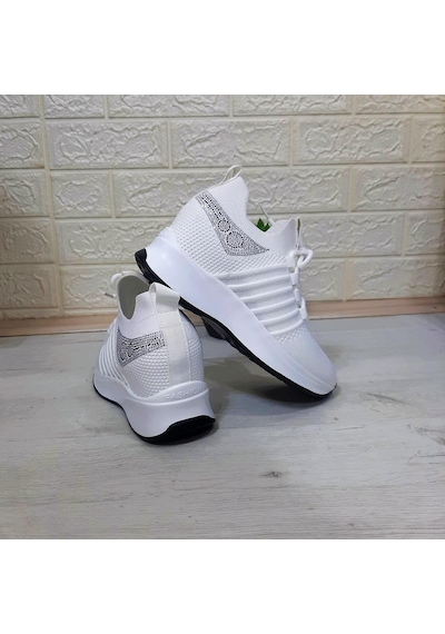 M.p 1669 Beyaz İçten Gizli Topuk 7cm Taşlı Kadın Spor Ayakkabı 001