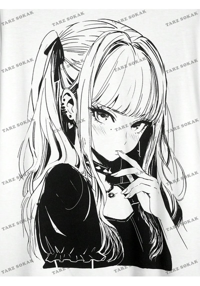 Tarzsokak Unisex Bay Anime Sevimli Anime Kız Baskı Casual Kadın Gevşek Kısa Kollu Tişört Kod-1308 Beyaz