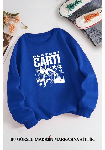 Macklin Unisex Kadın Erkek Playboi Carti Özel Tasarım Baskılı Bisiklet Yaka Sweatshirt Mavi Mck1308 Mavi