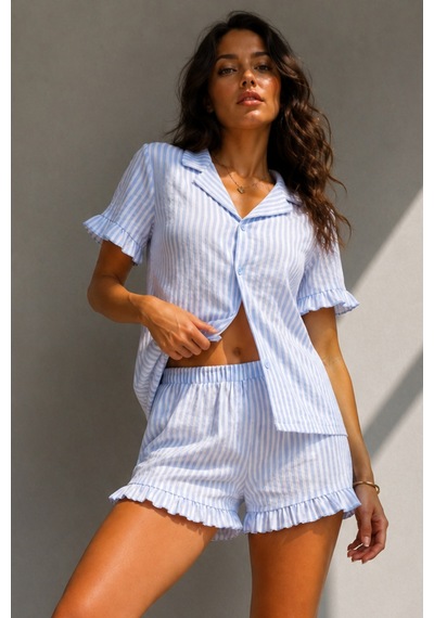Kadın Süprem Gömlek Şort Düğme Mavi Pijama Takımı