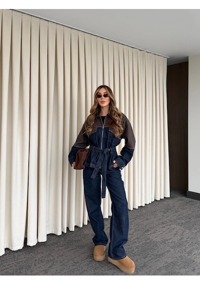 Laluvia Lacivert - Kahve Bağlamalı Ceket Pantolon Denim Takım - 0836 Lacivert