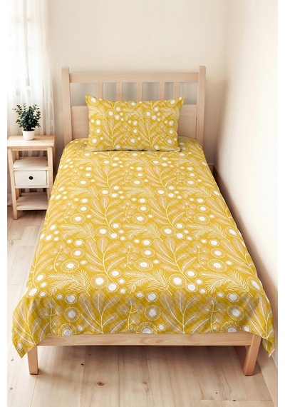 Sarı Çiçekli Botanik Tek Kişilik Pike Takımı - Beyaz Modern Floral 160x220 Cm Kapitone Yatak Örtüsü Mumlu Meşe Yankısı