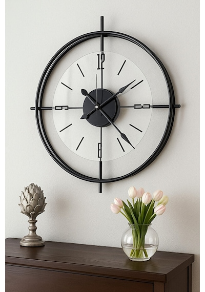 MetaQuartz Aksesuar Deluxe Şeffaf Cam İskandinav Çiftçember Camlı Duvar Saati Siyah 55 x 55 CM