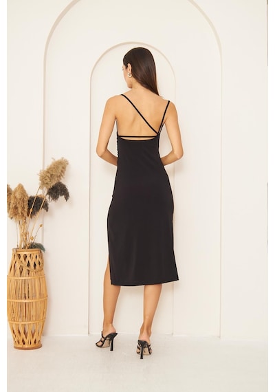 Darlin Moda Siyah Degaje Yaka Yırtmaçlı Elbise Dm1040