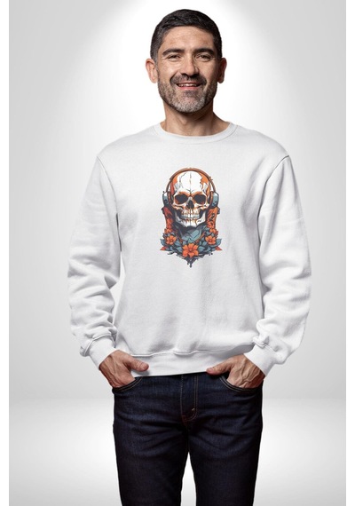 Müzik Kulaklık Takan Kurukafa Kırmızı Gül Unisex Beyaz Baskılı Sweatshirt Beyaz