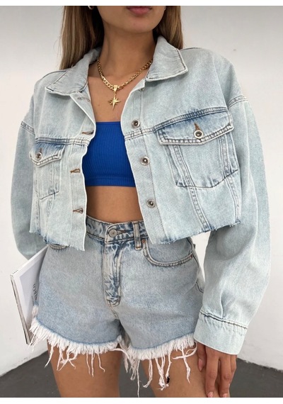 Kadın Mavi Oversize Crop Kot Ceket - Altı Kesik Dikişsiz Tasarım Çift Cepli Buz Mavi