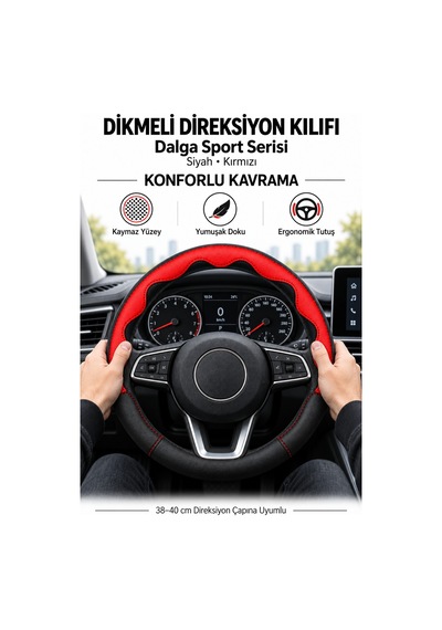 Trobus Dacia Sandero 2008-2012 Uyumlu Dikmeli Direksiyon Kılıfı Dalga Sport Deri Siyah Kırmızı Siyah - Kırmızı