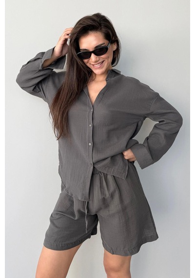 Seeh Füme Basic Müslin Şort Gömlek Takım Sh230