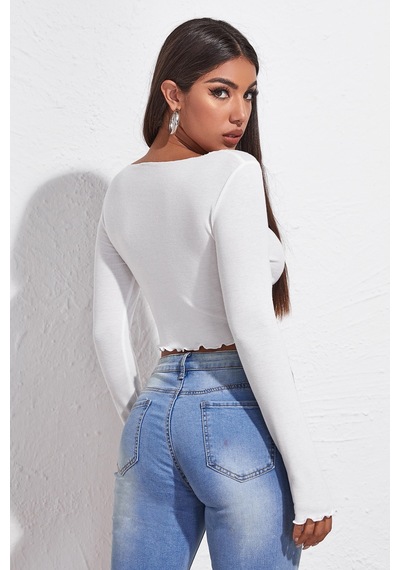 Genel Markalar Kadın Beyaz Uzun Kollu Büzdürme Bağcık Detaylı Crop Top Bluz Beyaz Beyaz