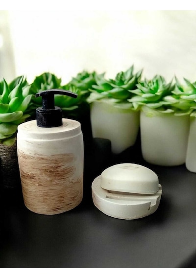 Marble Bej Banyo Seti,sıvı Sabunluk Diş Fırçalığı Beton Aksesuar Takımı Bej