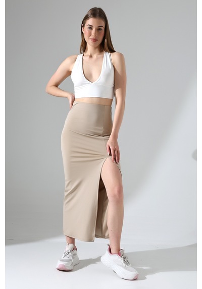 Winmoda34 Kadın Önden Derin Yırtmaçlı Dalgıç Etek Full Likralı Maxi Boy 92 Cm Bej