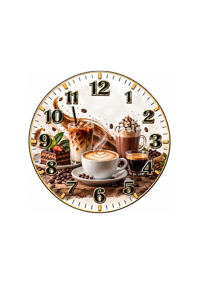Kahve Cafe Temalı Duvar Saati 45 Cm Kahve Dükkanı Kafe Mutfak Uv Baskı Sessiz Akar Mekanizma 920 Çok Renkli