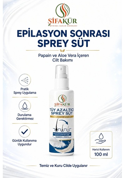 Şifakür Papain ve Aloe Vera İçerikli Epilasyon Sonrası Bakım Sütü Sprey 100 ML