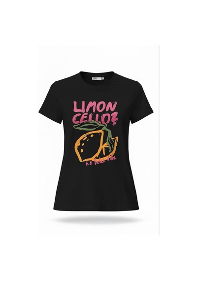 Kadın Siyah Limon Baskılı Pamuklu Tişört Siyah